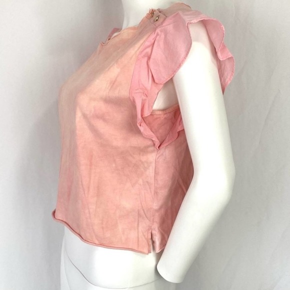 LOVESHACKFANCY CROPPED PINK FLUTTER SLEEVE BELLY SHIRT TOP SZ M - Picture 3 of 7